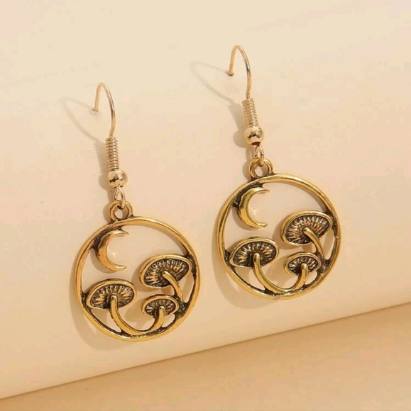 Jewelry - 💥LAST PAIR💥Shroom and Moon Retro Dangle Earrings, antiqued bronzed gold